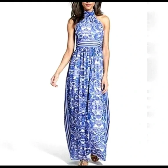 Eliza J | Dresses | Eliza J Blue Paisley Halter Maxi | Poshmark